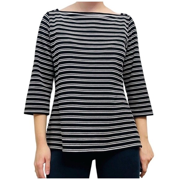 St. John Knit Shirt Top Black White Striped Minimalist Fall 3/4 Sleeve P - Picture 1 of 8